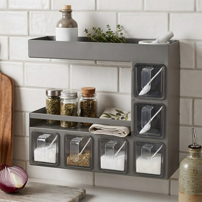 B&Q -  Gunmetal Grey 3-Tier Wall-Mounted Kitchen Spice Rack With 6 Compartments