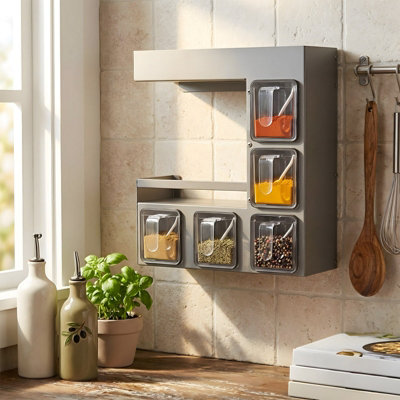 B&Q -  Gunmetal Grey 3-Tier Wall-Mounted Kitchen Spice Rack With 5 Compartments