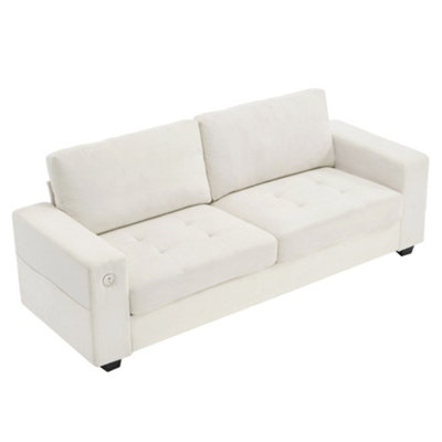 Darphe Modern 2-Seater Chenille Sofa With Usb PortsWhite Upholstered Minimalist Couch With Wood And Iron Frame from B&Q