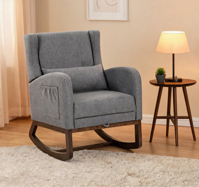 B&Q -  Modern Grey Linen Rocking Chair With Footrest And Lumbar Pillow