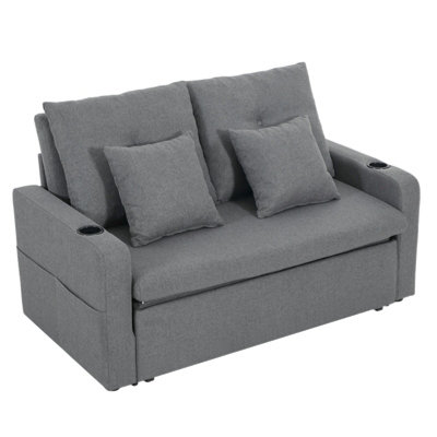 Darphe Modern Grey Linen Sofa Bed With Pull-Out Sleeper2-Seater Convertible Couch With Cup Holders And Pillows from B&Q