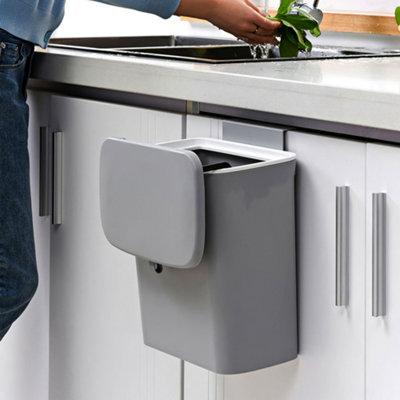 Darphe Grey 9L Hanging Kitchen Trash Can Wall Mounted Cabinet Door Bin With Lid Odour Control from B&Q
