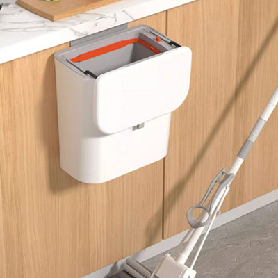 Darphe 9L Hanging Kitchen Trash Can Wall Mounted Cabinet Door Bin With Lid Odour Control White from B&Q
