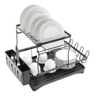 Darphe 2-Tier Dish Drying Rack With Drainboard Utensil Holder And Glass Holder Black from B&Q