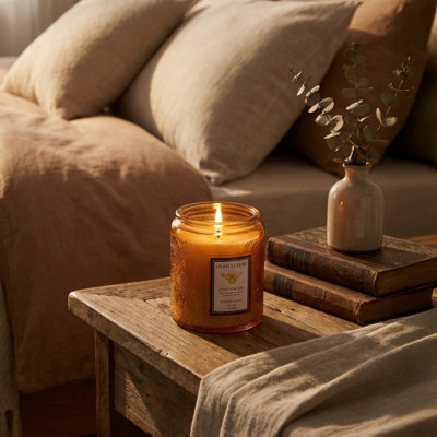 Darphe Red Embossing Glass Cup Soy Wax Orange Breeze After Rain Scented Candle With Lid7Cm (Dia.) X 9Cm (H) from B&Q
