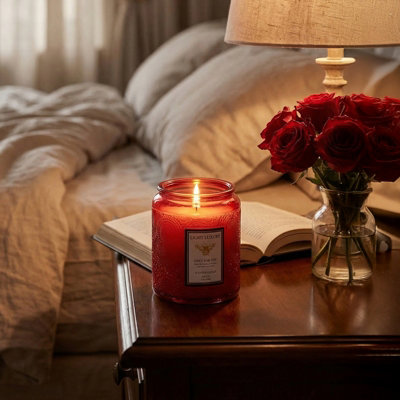 Darphe Red Embossing Glass Cup Soy Wax Orange Breeze After Rain Scented Candle With Lid7Cm (Dia.) X 9Cm (H) from B&Q
