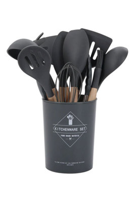 B&Q -  12-Piece Silicone Kitchen Utensil Set With Wooden Handles And Storage Bucket