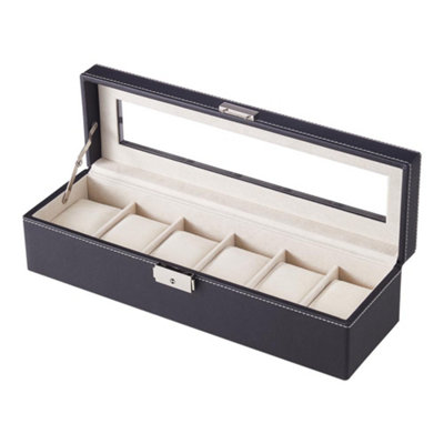 B&Q -  Black 6-Slot Watch Display Box With Transparent Lid And Lock