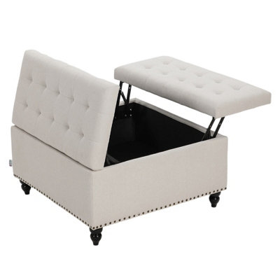 Darphe Beige Square Linen Upholstered Storage Ottoman With Lift-Top And Flip Design81.5Cm (W) X 81.5Cm (D) X 46Cm (H) from B&Q