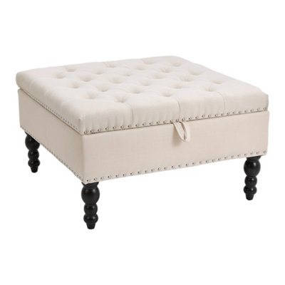 Darphe Beige Square Storage Ottoman 74Cm Linen Upholstered Button Tufted Footstool With Flip Top Lid And Wooden Legs from B&Q