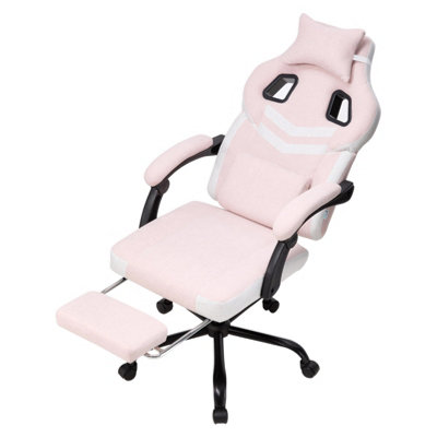 B&Q -  Pink And White Height-Adjustable Ergonomic Reclining Gaming Chair With Massage Lumbar Support & Footrest