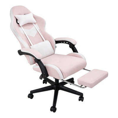 B&Q -  White And Pink Ergonomic High Back Gaming Chair With Massage Lumbar Support & Footrest