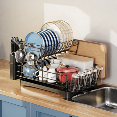 Darphe 2-Tier Black Multifunctional Dish Drying Rack With Utensil Holder from B&Q