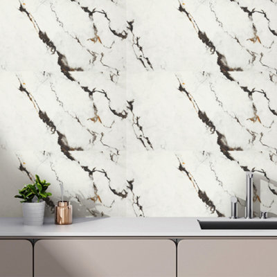 Darphe Quick Fix Marble Art Effect Tiles 10 Pieces Peel And Stick Solution For Living Space 60Cm Length X 30Cm Width from B&Q