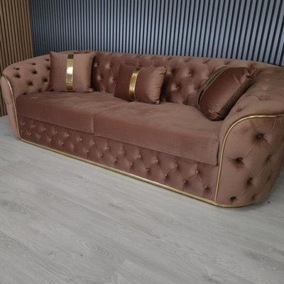 Stratus Interiors Ambassador Sofa Chesterfield Mink Toronto Gold Trim Velvet No Frill Design from B&Q