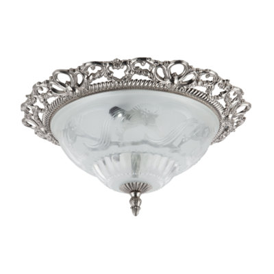 Happy Homewares Traditional Satin Nickel And Floral Glass Flush Ceiling Light from B&Q