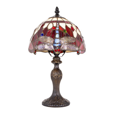 Happy Homewares Red Hand Crafted Stained Glass Dragonfly Tiffany Lamp 36Cm