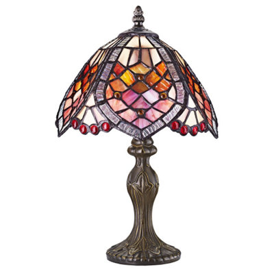 Happy Homewares Handmade Red Beaded Stained Glass Tiffany Table Lamp from B&Q