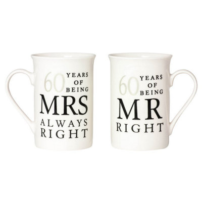 Happy Homewares Ivory White 60Th Anniversary Mr Right & Mrs Always Right Ceramic Mug Gift Set