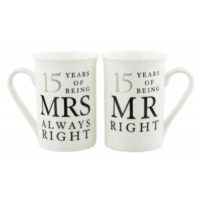 Happy Homewares Ivory White 15Th Anniversary Mr Right & Mrs Always Right Ceramic Mug Gift Set