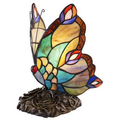 Happy Homewares Bronze Beautiful Handmade Multi-Coloured Glass Butterfly Tiffany Lamp With Base 23Cm