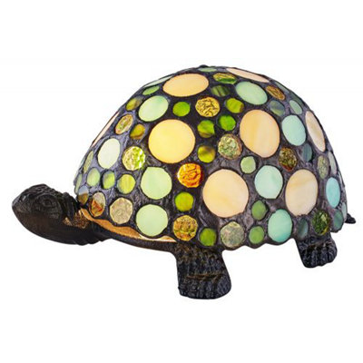 Happy Homewares Green/Amber/Bronze Handmade And Pebble Glass Tortoise Tiffany Lamp With Base 11Cm