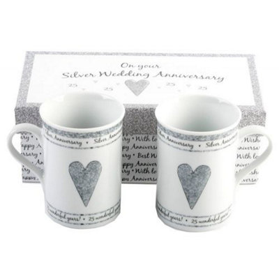 Happy Homewares Beautifully Designed 25Th Silver Anniversary Mug Set With Matching Gift Box