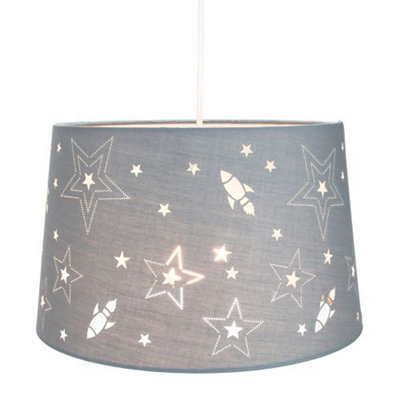 Happy Homewares Fun Rockets And Stars Childrens/Kids Cotton Bedroom Pendant Or Lamp Shade Grey