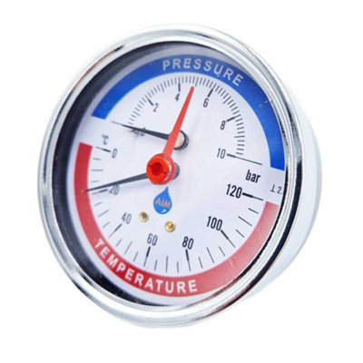 Aim 10 Bar 120C Temperature Pressure Gauge Rear Entry 1/2 Inch 80mm Dial from B&Q