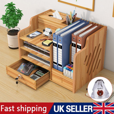 Wooden Office Desk Organiser Stationary Storage Home Tidy Storage Tabletop Stand from B&Q