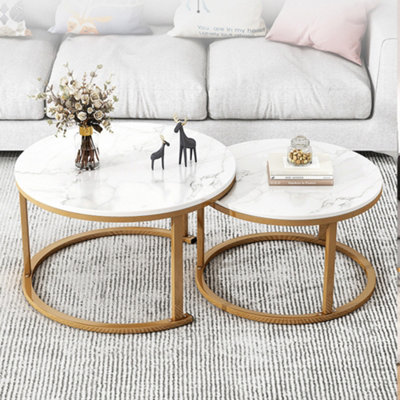  - Elegant Round Nesting Coffee Table Set2 White Marble Effect Tables With Gold Legs For Living Room