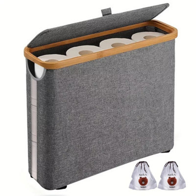 Slimline Freestanding Toilet Roll Storage Basket With LidWaterproof Fabric & Bamboo Bathroom Paper Bin from B&Q