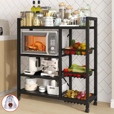 Black 4 Tier Steel Kitchen Storage Trolley CartRolling Basket Organiser