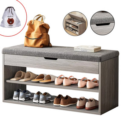 Grey Wood Effect Shoe Storage Bench With Padded Seat & Hidden Compartment from B&Q