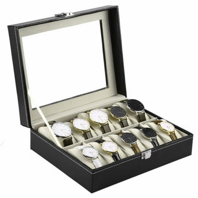  - Black Faux Leather 10 Slot Watch Display Box With Glass Lid & Lock