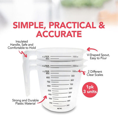 3Pc 1 Litre Plastic Clear Measuring Jug Baking Kitchen Cooking Stackable Handle from B&Q