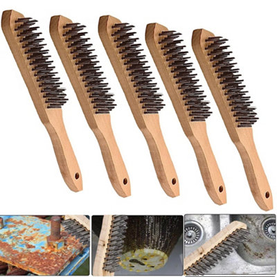 5Pcs Wire Brush 4 Row Cleaning Wooden Handle Steel Heavy Duty Metal Rust Removal from B&Q