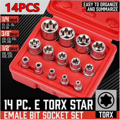 14Pc E Torx Socket Set Female Start Bit External Hex Torque E4-E24 With Case from B&Q