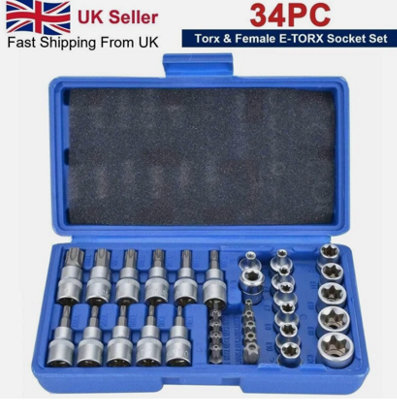 34Pcs Torx Torque Tork Star Bits Drive Male Female 3/8' Chrome Sockets Set Tool- from B&Q
