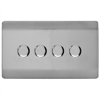 Trendiswitch Trendi Switch 4 Gang 1 Or 2 Way 150W Rotary Led Dimmer Switch In Brushed Steel Light