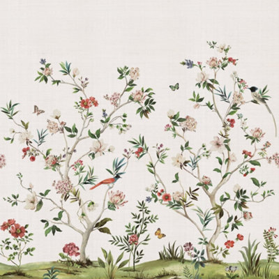 Galerie Daisy Bennett Grey Chinoiserie Magnolia Grasscloth Mural from B&Q