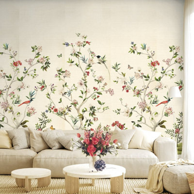 Galerie Daisy Bennett Beige Chinoiserie Magnolia Grasscloth Mural from B&Q