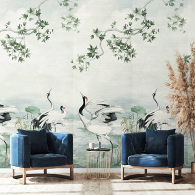 Galerie Daisy Bennett Grey Crane Grasscloth Mural from B&Q
