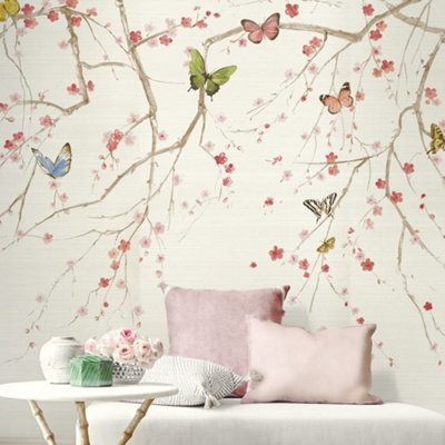 Galerie Daisy Bennett Beige Butterfly Delight Grasscloth Mural from B&Q