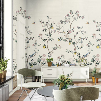 Galerie Daisy Bennett Grey Blossom Grasscloth Mural from B&Q