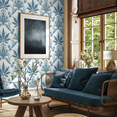 Galerie Mulberry Tree Blue Palm Leaf Wallpaper Roll from B&Q