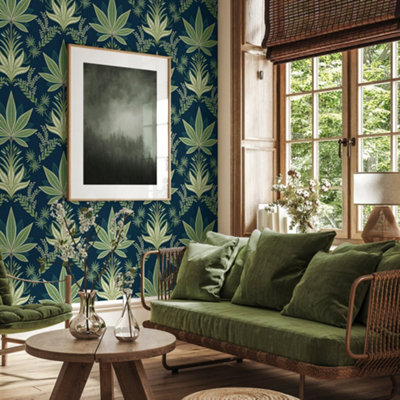 Galerie Mulberry Tree Blue Palm Leaf Wallpaper Roll from B&Q