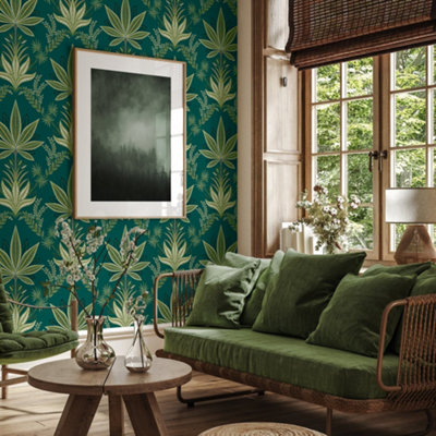 Galerie Mulberry Tree Green Palm Leaf Wallpaper Roll from B&Q