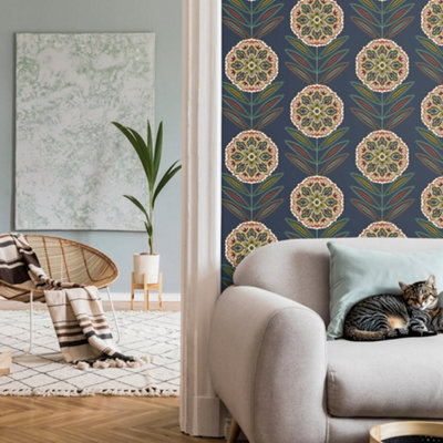 Galerie Mulberry Tree Blue Multicoloured Floral Wallpaper Roll from B&Q