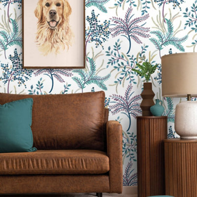 Galerie Mulberry Tree White Blue Tree Leaf Wallpaper Roll from B&Q